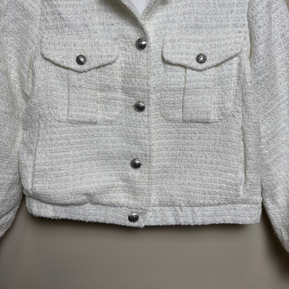 Talbots Petite Metallic Boucle Crop Silver Button Tweed Bomber Jacket Womens MP - Picture 3 of 9